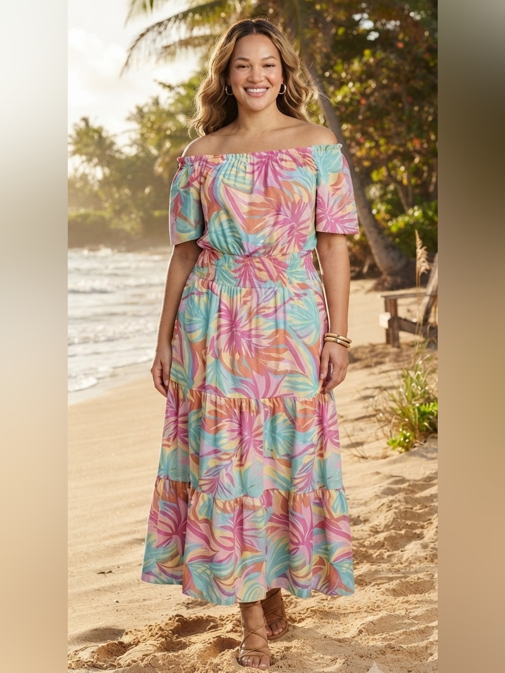PERiWINKLE Off-Shoulder Tropical Floral Maxi Dress - Pink & Teal - Size: Large